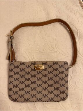 Michael Kors Beige/Brown MK Logo fanny pack w/ adjustable belt with Gold Plate